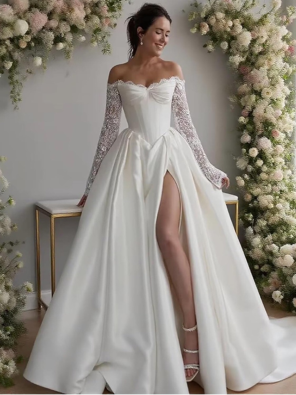 Elegant Off-Shoulder White Bridal Ball Gown with Lace Sleeves